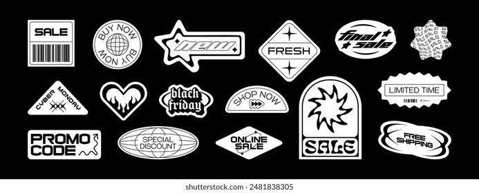 Trendy sale sticker set. Retro Y2K business discount text quote label collection. Black and white tag with love heart, web promotion message. Futuristic online offer bundle.	