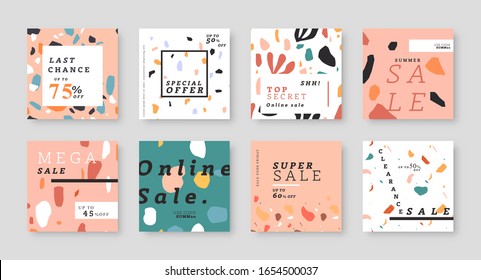 Trendy sale template collection with minimalist style terrazzo print background. Fashion store discount promotion flyers for summer clearance or special online offer event. Abstract business ad set.