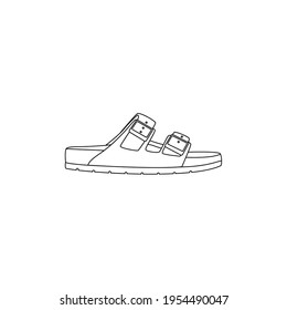 Trendy sandals vector icon. Outlined black and white illustration of leather sandals on  white background. Fashion, comfort, orthopaedic footwear concepts.