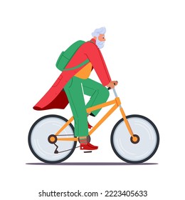 Trendy Santa Claus Riding Bicycle, Stylish Hipster Father Noel Wear Red and Green Modern Clothes and Rucksack. Christmas Character in Festive Suit Hurry to Kids. Cartoon People Vector Illustration
