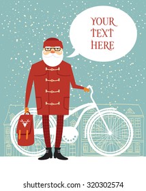Trendy Santa with his bike and bubble for your text