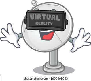 Trendy satellite dish character wearing Virtual reality headset