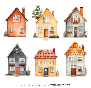 Trendy scandi vector houses. Set of watercolor scandinavian houses. Cute childish european buildings. 