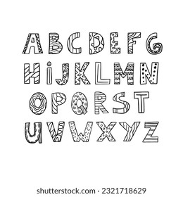 Trendy scandinavian alphabet in doodle style. Nordic typographic design for print, poster, banner, web, decoration kids playroom or greeting card. Cute educational letters set. ABC hand lettering.
