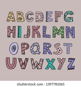 Trendy scandinavian alphabet in vector. ABC hand lettering. Nordic typographic design for poster, banner, print, decoration kids playroom or greeting card. Cute educational letters set.