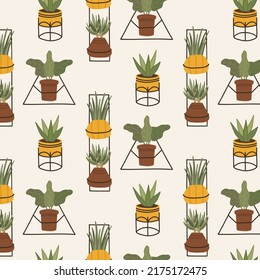 Trendy scandinavian boho seamless pattern with potted plants for home. Cozy home garden for textile, postcards, posters.