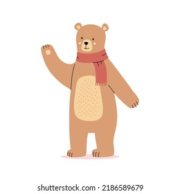 Trendy scandinavian brown bear illustration vector. Color flat children’s illustration, nursery poster, print with cute smiling bear with scarf and waving paw on a white background. Cute baby animals.