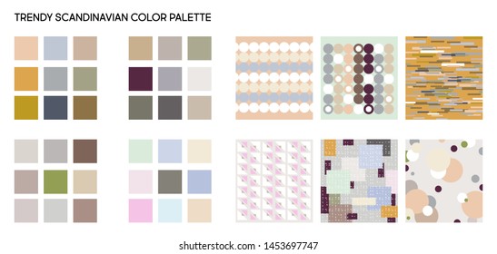 Trendy Scandinavian color palette modern background with triangles and lines. Pattern of geometric colored shapes