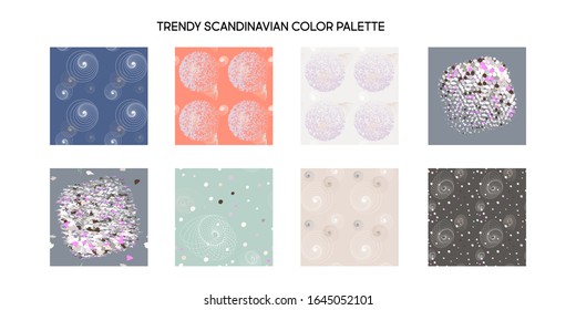 Trendy Scandinavian colors muted palette. Pattern of geometric colored shapes modern background with triangles, circles