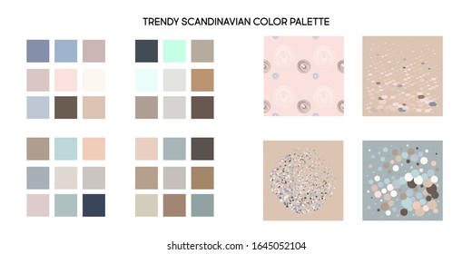 Trendy Scandinavian colors muted palette. Pattern of geometric colored shapes modern background with triangles, circles