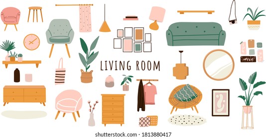 Trendy scandinavian hygge interior, boho style. Sofa, wardrobe, mirror, armchair, plant, lamp, home decorations. Cozy Interior living rooms or apartments furniture set. Flat vector illustration bundle