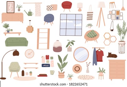 Trendy scandinavian hygge interior, boho style. Sofa, wardrobe, mirror, armchair, plant, lamp, home decorations. Cozy Interior living rooms or apartments furniture set. Flat vector illustration bundle