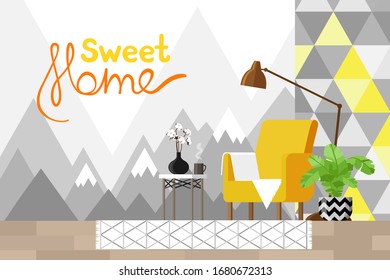 Trendy scandinavian hygge interior. Flat vector illustration Illustration of cute minimalistic interior with modern furniture and plants.