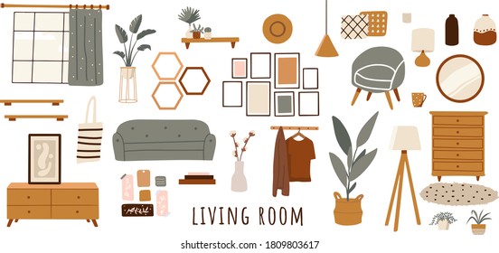 Trendy scandinavian hygiene interior, boho style. Sofa, wardrobe, mirror, armchair, plant, lamp, home decorations. Cozy Interior living rooms or apartments furniture set. Flat vector illustration bundle