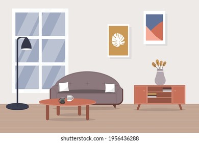 Trendy scandinavian interior of the living room with a sofa, wooden furniture, lamp and big window. Flat vector illustration of home design.

