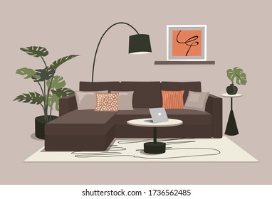 Diseño de casa moderno y escandinavo. Ilustración vectorial interior en sala de estar. Mobiliario interior plano sofá, mesa y planta. 