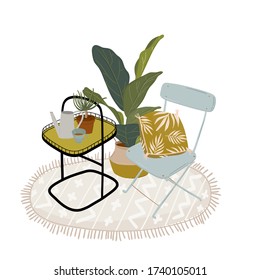 Trendy Scandinavian Urban Greenery at Home Jungle Interior with home decorations. Cozy Home Garden furnished in Hygge style. Crazy Plant Ladyillustration. Isolated Vector