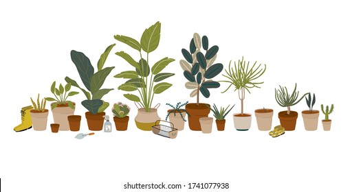 Trendy Scandinavian Urban Greenery at Home Jungle Interior. Cozy Home Garden furnished in Hygge style. Crazy Plant Lady illustration. Isolated Vector