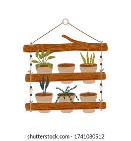 Trendy Scandinavian Urban Greenery at Home Jungle Interior with home decorations. Cozy Home Garden furnished in Hygge style. Crazy Plant Lady illustration. Isolated Vector