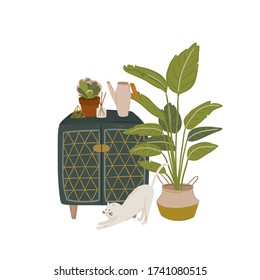 Trendy Scandinavian Urban Greenery at Home Jungle Interior with home decorations. Cozy Home Garden furnished in Hygge style. Crazy Plant Lady illustration. Isolated Vector