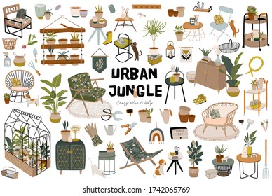 Trendy Scandinavian Urban Greenery at Home Jungle Interior with home decorations. Cozy Home Garden furnished in Hygge style. Crazy Plant Lady illustration. Isolated Vector