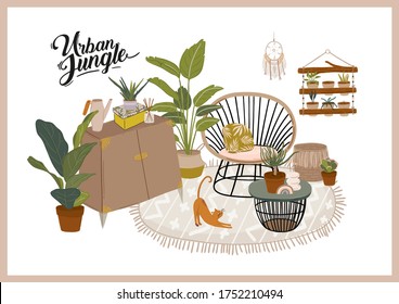 Trendy Scandinavian Urban Greenery at Home Jungle Interior with home decorations. Cozy Home Garden furnished in Hygge style. Crazy Plant Lady illustration. Isolated Vector
