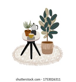 Trendy Scandinavian Urban Greenery at Home Jungle Interior with home decorations. Cozy Home Garden furnished in Hygge style. Crazy Plant Lady illustration. Isolated Vector