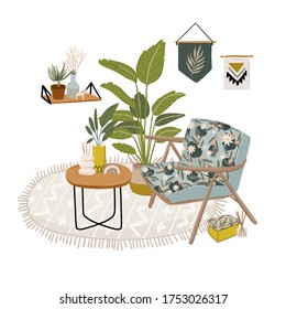 Trendy Scandinavian Urban Greenery at Home Jungle Interior with home decorations. Cozy Home Garden furnished in Hygge style. Crazy Plant Lady illustration. Isolated Vector