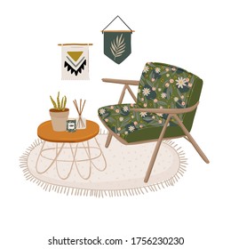 Trendy Scandinavian Urban Greenery at Home Jungle Interior with home decorations. Cozy Home Garden furnished in Hygge style. Crazy Plant Lady illustration. Isolated Vector