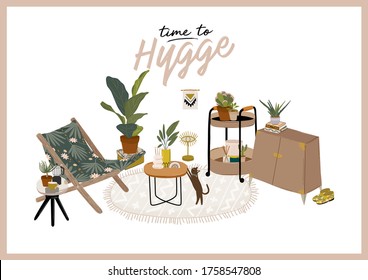 Trendy Scandinavian Urban Greenery at Home Jungle Interior with home decorations. Cozy Home Garden furnished in Hygge style. Crazy Plant Lady illustration. Isolated Vector
