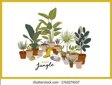 Trendy Scandinavian Urban Greenery at Home Jungle Interior with home decorations. Cozy Home Garden furnished in Hygge style. Crazy Plant Lady illustration. Isolated Vector
