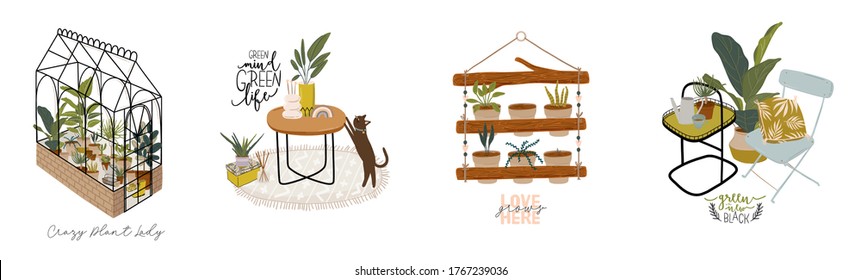 Trendy Scandinavian Urban Greenery at Home Jungle Interior with home decorations. Cozy Home Garden furnished in Hygge style. Crazy Plant Lady illustration. Isolated Vector

