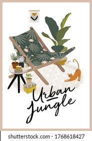 Trendy Scandinavian Urban Greenery at Home Jungle Interior with home decorations. Cozy Home Garden furnished in Hygge style. Crazy Plant Lady illustration. Isolated Vector

