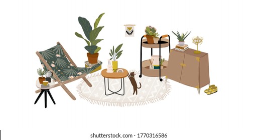 Trendy Scandinavian Urban Greenery at Home Jungle Interior with home decorations. Cozy Home Garden furnished in Hygge style. Crazy Plant Lady illustration. Isolated Vector

