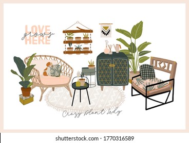 Trendy Scandinavian Urban Greenery at Home Jungle Interior with home decorations. Cozy Home Garden furnished in Hygge style. Crazy Plant Lady illustration. Isolated Vector

