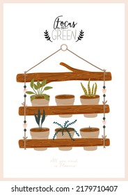 Trendy Scandinavian Urban Greenery at Home Jungle Interior with home decorations. Cozy Home Garden furnished in Hygge style. Crazy Plant Lady illustration. Isolated Vector
