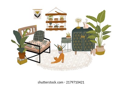 Trendy Scandinavian Urban Greenery at Home Jungle Interior with home decorations. Cozy Home Garden furnished in Hygge style. Crazy Plant Lady illustration. Isolated Vector
