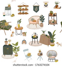 Trendy Scandinavian Urban Home Jungle Interior seamless pattern with home decorations. Cozy Home Garden furnished in Hygge style. Crazy Plant Lady illustration. Isolated Vector
