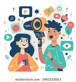 A trendy scene unfolds in this flat vector illustration. A woman and man, phones in hand, connect with their audiences