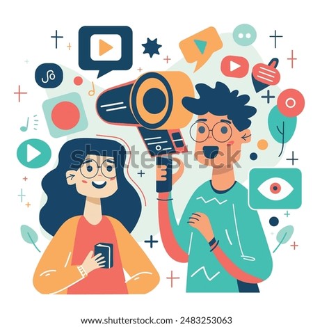A trendy scene unfolds in this flat vector illustration. A woman and man, phones in hand, connect with their audiences