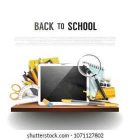 Trendy school design flyer with "Back to school " brush lettering and school accessories on white background