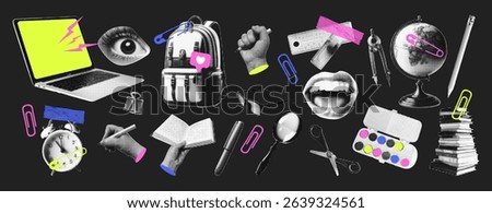 
Trendy school elements retro halftone collage elements. Vector illustration on the theme of education, study, university for mixed media design isolated background.