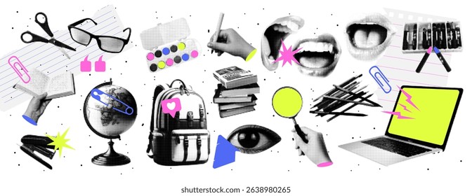 Trendy school elements and stationery paper cut outs halftone collage elements for media design. Backpack, globe, laptop, books, hand, pencil, eye. Vector collage on the theme of study, university.
