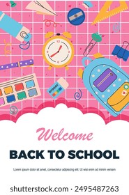 Trendy school poster. Back to school banner template. Hand drawn school supplies, stationery. Study concept. Vector illustration for web ads, cover, branding, flyer, post, advertisement