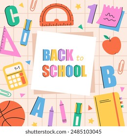Trendy school poster, background. Modern design with school supplies, education stickers, stationery. Back to school concept. Vector illustration in flat style