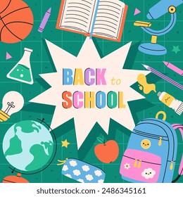 Trendy school poster, background. Modern design with school supplies, education stickers, stationery. Back to school concept. Vector illustration in flat style