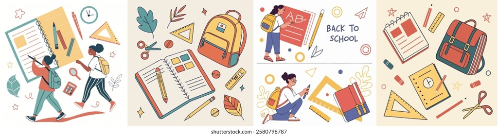 Trendy school posters and backgrounds featuring modern designs with school supplies, education stickers, and stationery. Embrace the back to school concept with this vector illustration in a flat styl