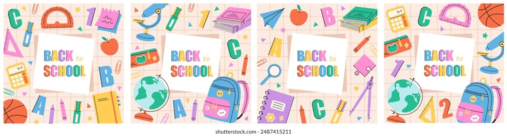 Trendy school posters, backgrounds. Modern design with school supplies, education stickers, stationery. Back to school concept. Vector illustration in flat style