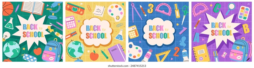 Trendy school posters, backgrounds. Modern design with school supplies, education stickers, stationery. Back to school concept. Vector illustration in flat style