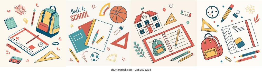 Trendy school posters, backgrounds. Modern design with school supplies, education stickers, stationery. Back to school concept. Vector illustration in flat style